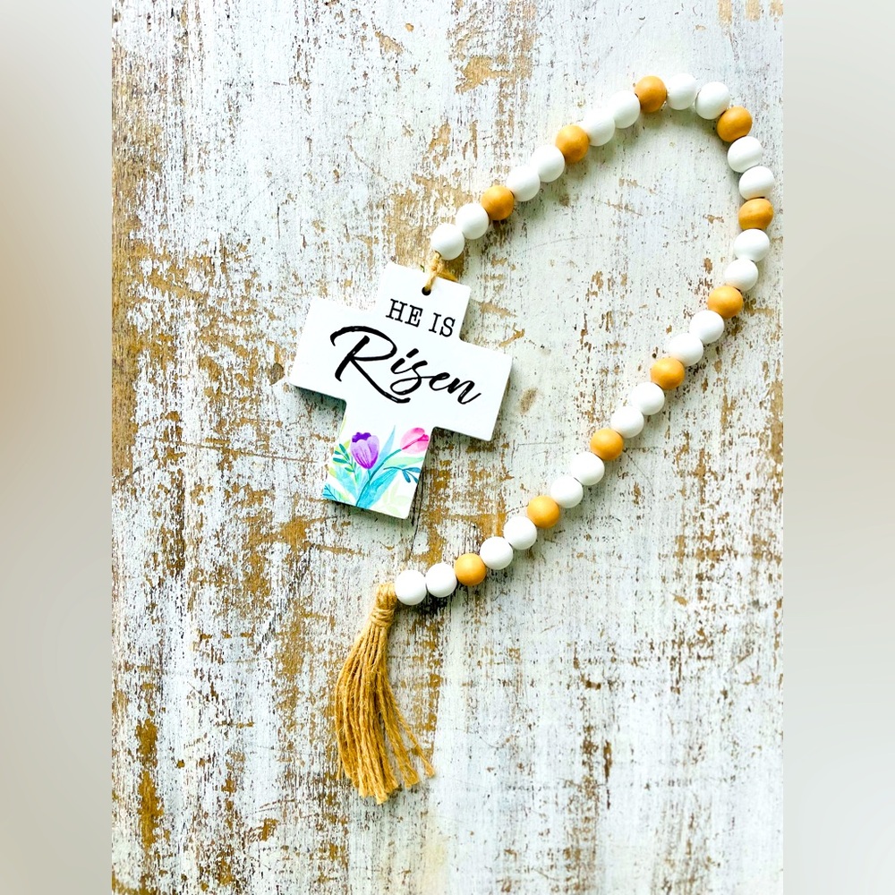 *He Is Risen Wooden Bead Garland w/Cross